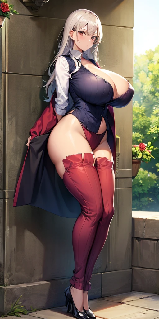 FEMALE, big breasts, voluminous breasts, curvy breasts, mesh stockings, standing with a bouquet (red roses), full height, bottom view, best quality, very detailed, ultra 8k resolution,huge breast, coat , vest, long skirt, portrait, full body, victorias clothing, long dress, knight, pants, black skinn suit, medieval city, plants, vest,polo shirt, forest, long skirt