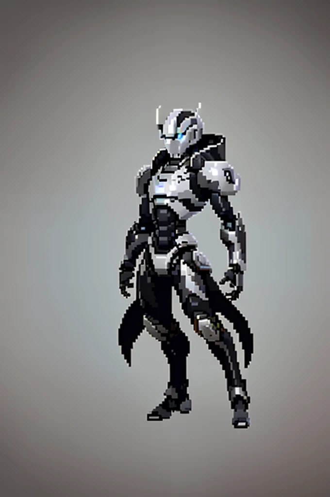 white background, ultra detailed, game protagonist, pixel art, humanoid black and gray slender mecha robot character using a cloak and floating like ironman, from sidescroller game