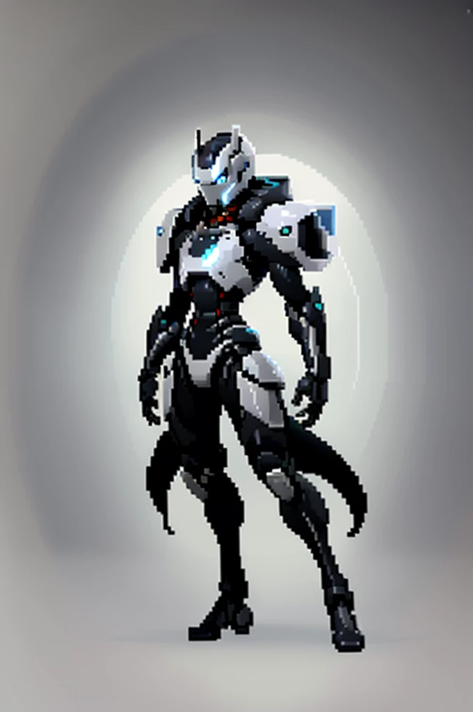 white background, ultra detailed, game protagonist, pixel art, humanoid black and gray slender mecha robot character using a cloak and floating like ironman, from sidescroller game