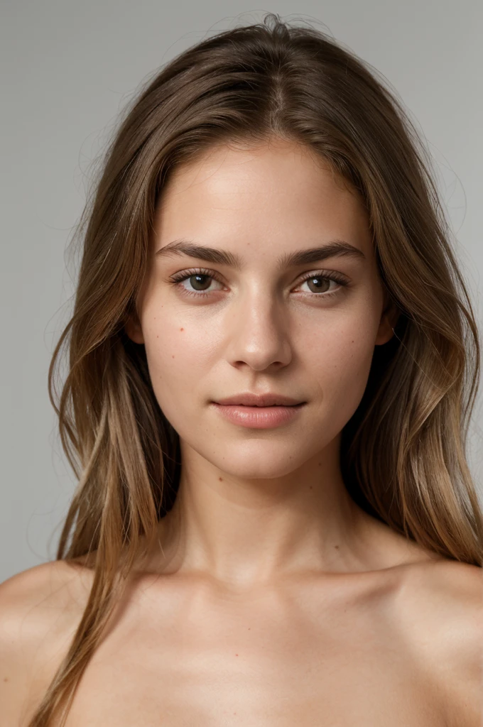 A photorealistic portrait of a young and beautiful woman with light blonde hair, long hair, and brown eyes, American. Epic realism, raw photo, (highly detailed skin:1.2), 8k, DSLR, soft lighting, high quality, film grain, Fujifilm XT3, ultra high resolution, photorealistic:1.4, uhd. The background is blurred to emphasize her face. Her facial features are meticulously detailed: her smooth and clear skin, well-defined cheekbones, a perfectly shaped nose, a high and smooth forehead, long and thick eyelashes, well-groomed eyebrows, and soft, slightly parted lips. The lighting highlights the natural contours of her face, giving a lifelike and vibrant appearance.