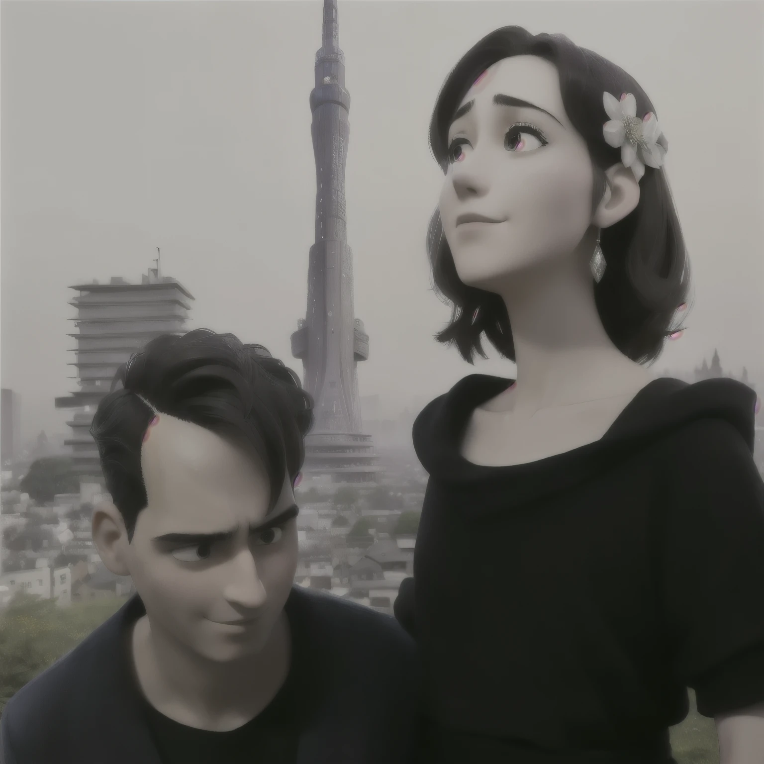 Alafed image of man and woman standing in front of the city, Ayami Kojima and Greg Rutkowski, by Winona Nelson, Inspired by Kazan Watanabe, Works inspired by Nakahara Nantenbo, Inspired by Paul Gustav Fischer, Promotional Images, Inspired by Yoshio Marukino, Promotional Photos, The New Wave, with tower