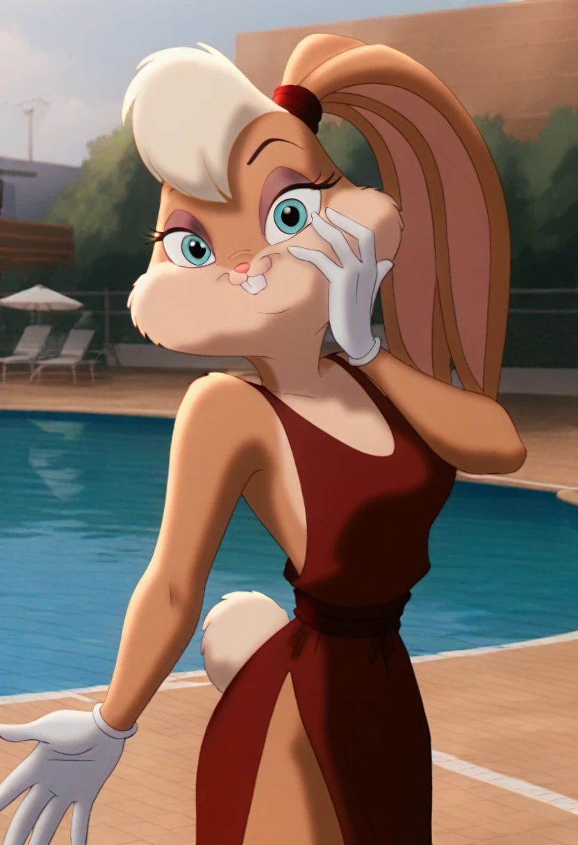 lolabunny, 1girl, solo, furry female, rabbit ears, rabbit girl, animal nose,white gloves,  blue eyes, body fur, standing, tail, buck teeth,cowboy shot,smile,looking at viewer, outdoor pool, score_9, score_8_up, score_7_up, score_6_up, score_5_up, score_4_up   , sexy red gown