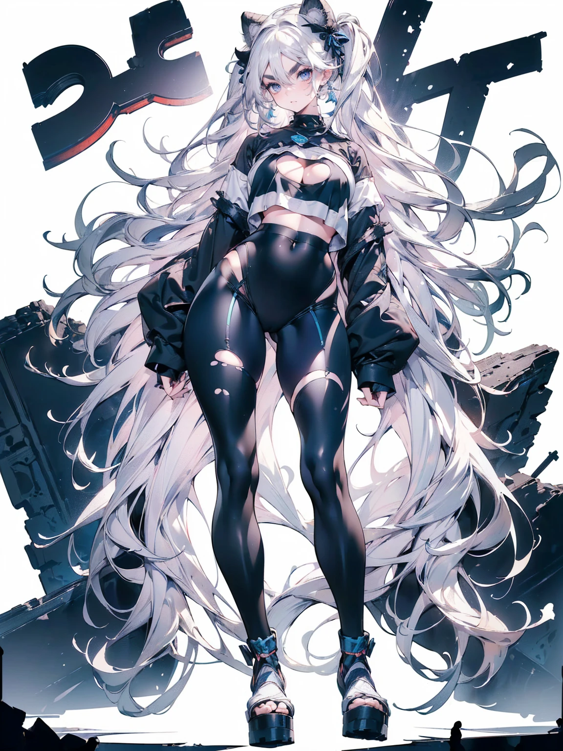 Action pose:1.4, (White Hair Girl), (Thick, dark blue eyebrows:1.4), (Dark blue eyebrows:1.7), (Thick eyebrows:1.3), (Huge black fluffy animal ears:1.1), (Black animal ears:1.1), BREAK, (((Mesh Stitching Crop T-Shirt, Cutout Long Sleeve Top))),BREAK, (Big Breasts:1.2, Thick legs, Adult female body, Sturdy body:1.5, Japanese style costume:1.5, Beautifully colored kimono:1.5,), ((full body:1.7, Contrapposto:1.5)), (sharp eyes, Ultra-high definition CG, Precisely designed costumes, 4K, 8K, Ultra-high definition CG, Precisely designed costumes, Clear lines, Expressive and Captivating Eyes, Fine Details and Realistic Textures, cinematic lighting), ((white background)), BREAK, (Wearing black leggings with holes), Skinny sleeves, (Torn and holey leggings:1.2)(Black leggings:1.4), (過剰なRuggedThick soleブーツを履いています:1.2), (Thick sole:1.5), (Big shoes:1.3), ((Beam SE, embarrassed))