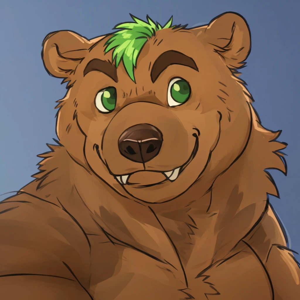a anthropomorphic and muscular grizzly bear with green hair, closed smile, high quality furry art, cute.