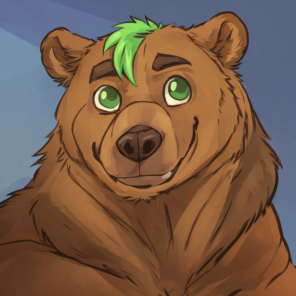 a anthropomorphic and muscular grizzly bear with green hair, closed smile, high quality furry art, cute.