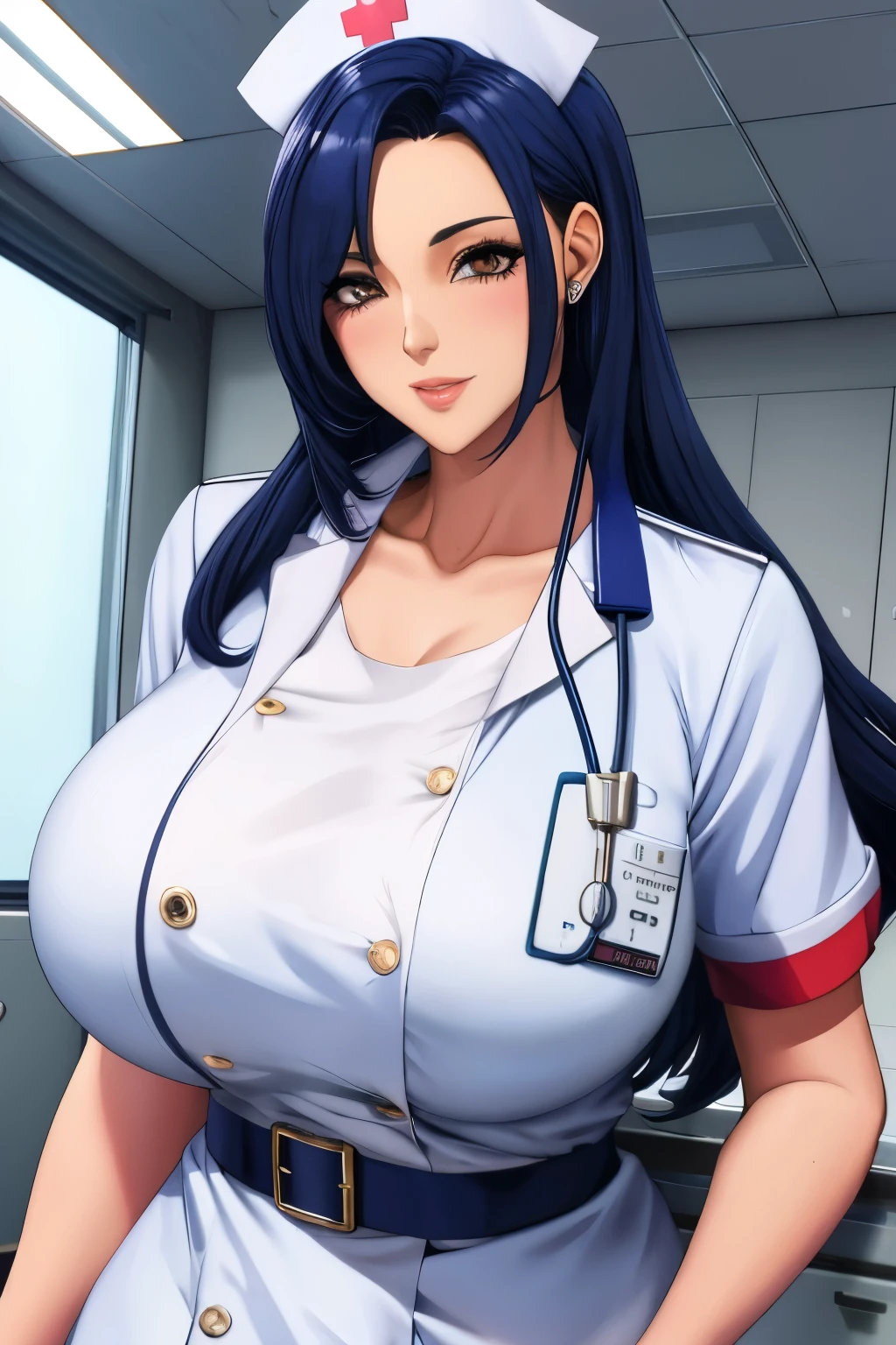 Long Hair,Navy Blue Hair,(Hair on one eye:0.8),Female doctor,nurse,White,Big Breasts,Shiny skin
 