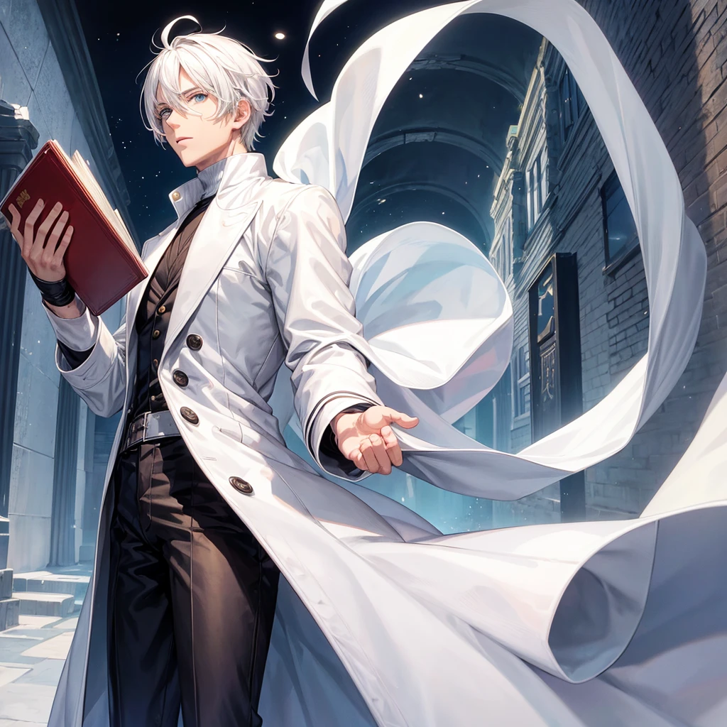 anime characters, a handsome man, white hair, wearing a white turtleneck, and wearing a long white coat, holding a book, square chin