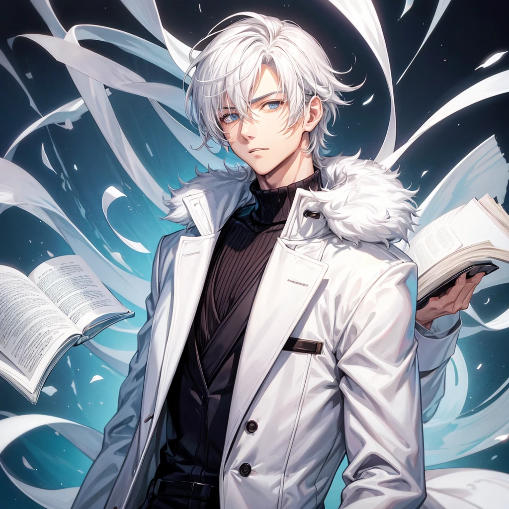 anime characters, a handsome man, white hair, wearing a white turtleneck, and wearing a long white coat, holding a book, square chin