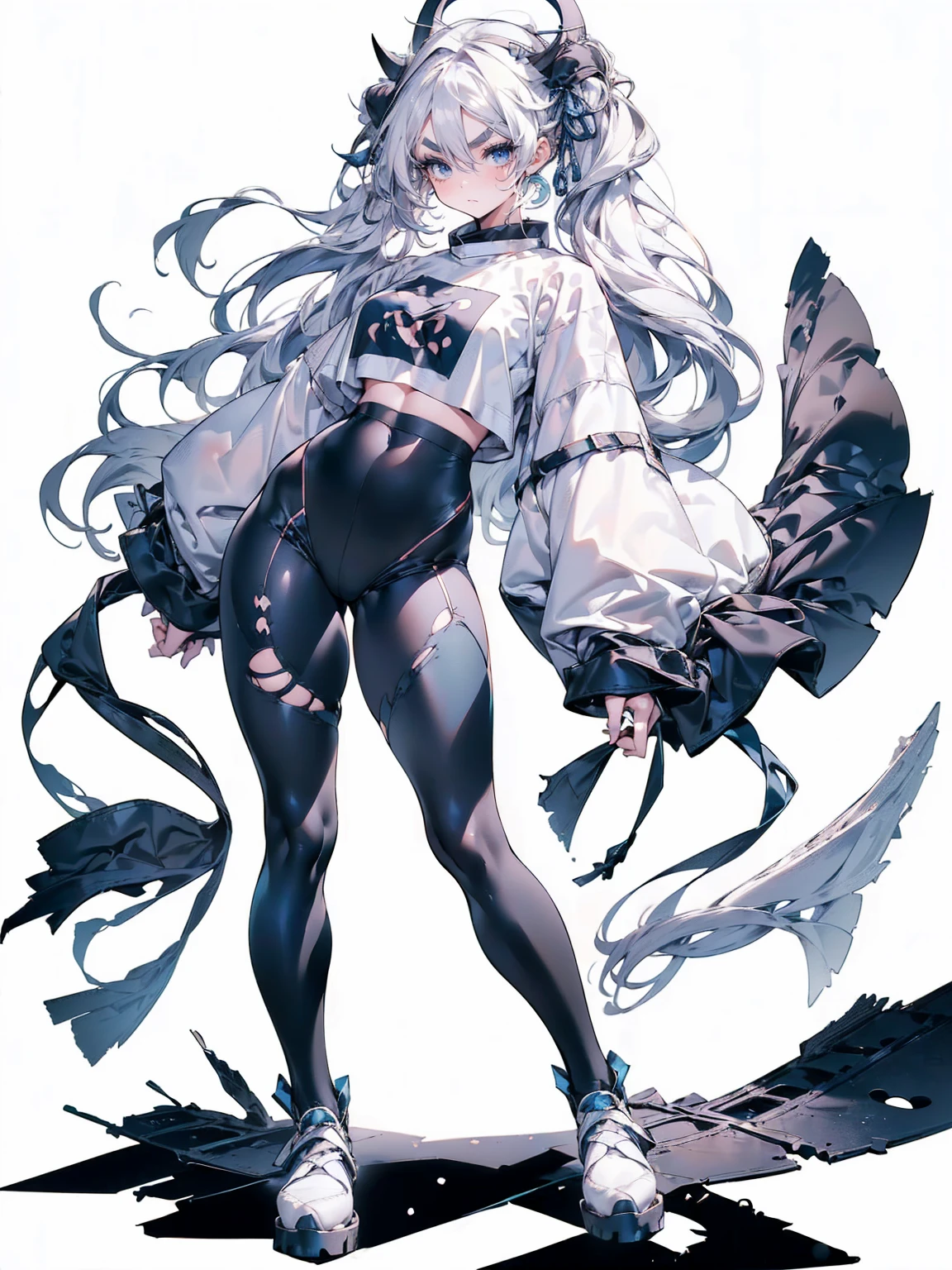Action pose:1.4, (White Hair Girl), (Thick, dark blue eyebrows:1.4), (Dark blue eyebrows:1.7), (Thick eyebrows:1.3), (Huge black fluffy animal ears:1.1), (Black animal ears:1.1), BREAK, (((Mesh Stitching Crop T-Shirt, Cutout Long Sleeve Top))),BREAK, (Big Breasts:1.2, Thick legs, Adult female body, Sturdy body:1.5, Japanese style costume:1.5, Beautifully colored kimono:1.5,), ((full body:1.7, Contrapposto:1.5)), (sharp eyes, Ultra-high definition CG, Precisely designed costumes, 4K, 8K, Ultra-high definition CG, Precisely designed costumes, Clear lines, Expressive and Captivating Eyes, Fine Details and Realistic Textures, cinematic lighting), ((white background)), BREAK, (Wearing black leggings with holes), Skinny sleeves, (Torn and holey leggings:1.2)(Black leggings:1.4), (過剰なRuggedThick soleブーツを履いています:1.2), (Thick sole:1.5), (Big shoes:1.3), ((Beam SE, embarrassed))