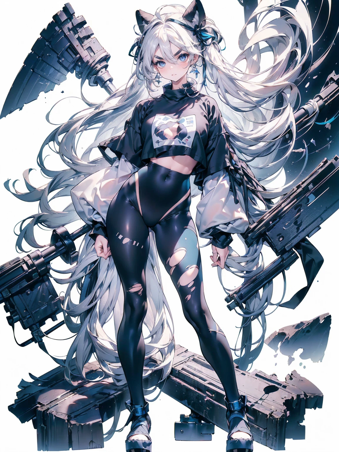 Action pose:1.4, (White Hair Girl), (Thick, dark blue eyebrows:1.4), (Dark blue eyebrows:1.7), (Thick eyebrows:1.3), (Huge black fluffy animal ears:1.1), (Black animal ears:1.1), BREAK, (((Mesh Stitching Crop T-Shirt, Cutout Long Sleeve Top))),BREAK, (Big Breasts:1.2, Thick legs, Adult female body, Sturdy body:1.5, Japanese style costume:1.5, Beautifully colored kimono:1.5,), ((full body:1.7, Contrapposto:1.5)), (sharp eyes, Ultra-high definition CG, Precisely designed costumes, 4K, 8K, Ultra-high definition CG, Precisely designed costumes, Clear lines, Expressive and Captivating Eyes, Fine Details and Realistic Textures, cinematic lighting), ((white background)), BREAK, (Wearing black leggings with holes), Skinny sleeves, (Torn and holey leggings:1.2)(Black leggings:1.4), (過剰なRuggedThick soleブーツを履いています:1.2), (Thick sole:1.5), (Big shoes:1.3), ((Beam SE, embarrassed))　

