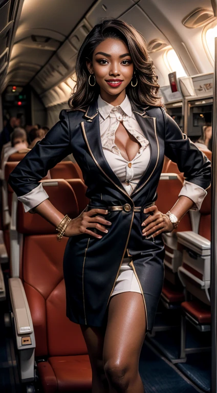 (8K High Resolution), (Highest quality), (RAW Image Quality),(Tabletop:1.2), (Realistic), (Realistic:1.37), ,Large Eyes,Long eyelashes,(Live-action realistic style),The ultimate face,Realistic light and shadow,Distinct facial features,,Dark skin, ),(The ultimate face,Extraordinary beauty),Best Portrait, One girl,Beautiful attention to detail,Highly detailed skin,(Beautiful face with double eyelids), (realism: 1.4),((Full body image)) ,Delicate and beautiful face,,Female about 20 years old,(Beautiful Face 1.4),Hair length is random,((African in uniform)),(Red lipstick,Discomfort around the eyes,Earrings Beautiful),((Taken inside an airplane)),(Are standing,Without skirt),(Flight attendant uniform)),Red lipstick,Discomfort around the eyes,(Flight attendants in uniform),,(cowboy shot standing),Shoot from the front,,Close-range shooting,I can see her cleavage,(((Bring your audience the best smile))),Pose with one hand on your hip