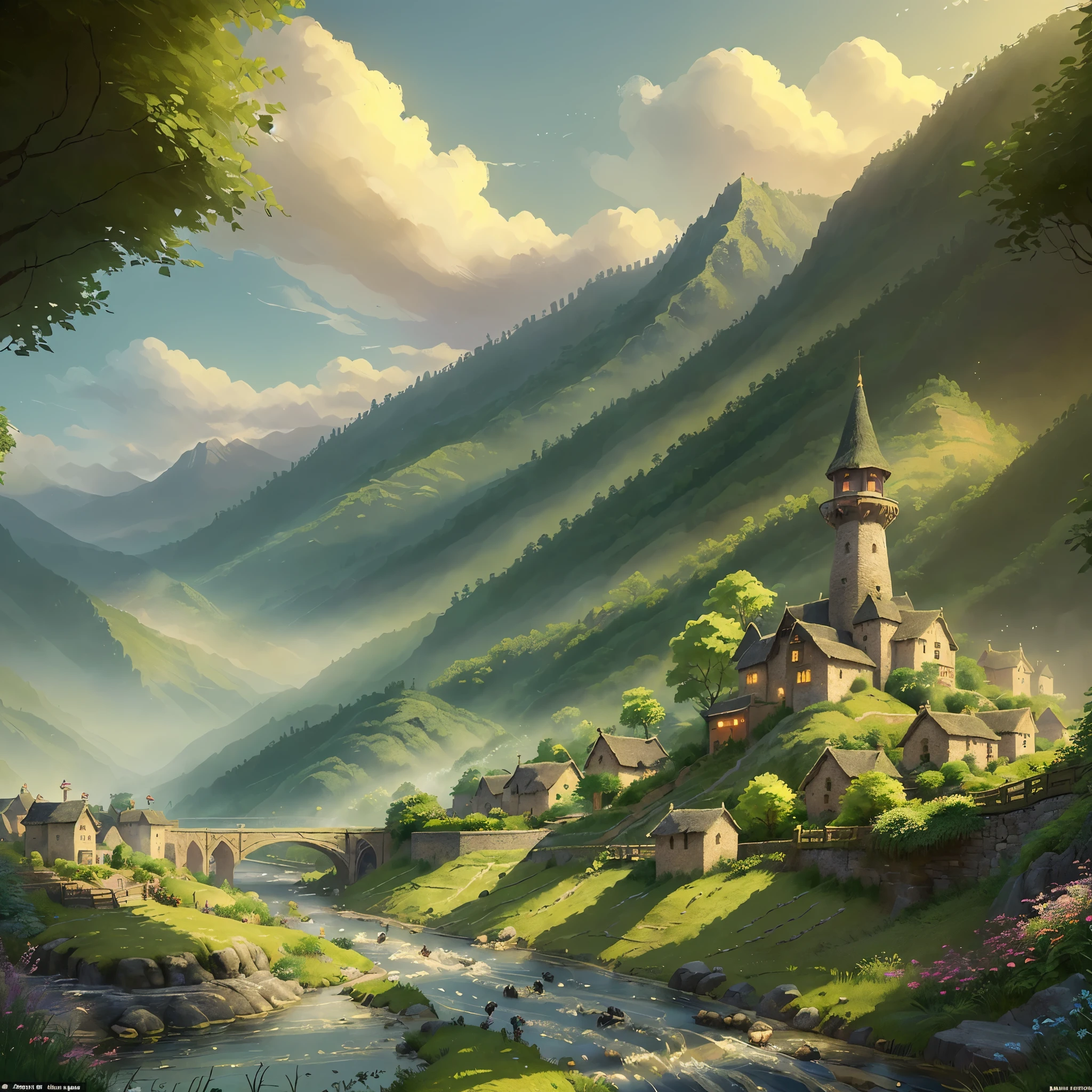 ((best quality)), ((masterpiece)), (detailed), a beautiful, a set of train tracks run through a lush fantasy landscape, a small fantasy village sits near a river bank in the distance, fantasy village, railroad, gorgeous fantasy landscape, stunning world, in the style of video game concept art