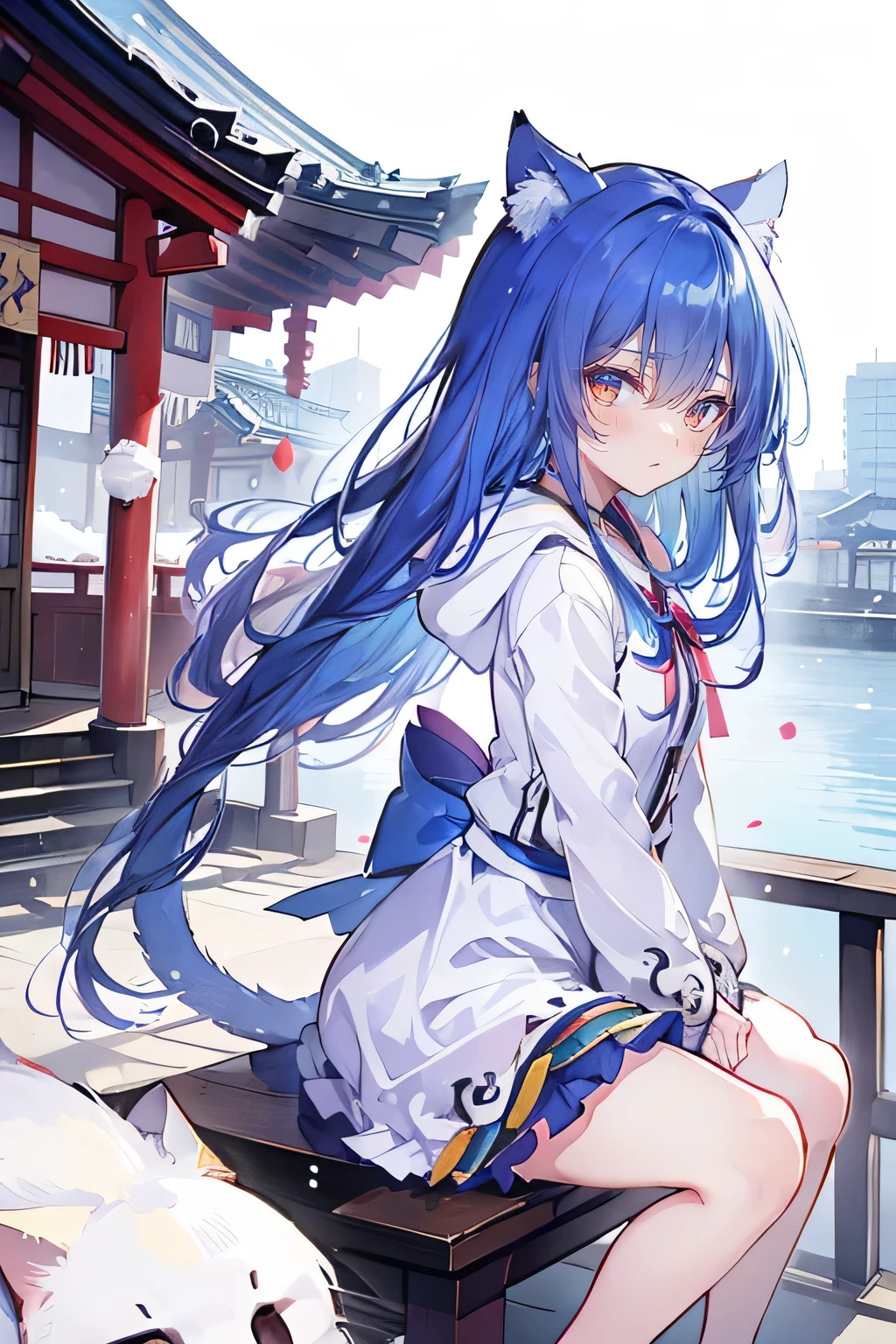 （masterpiece：1.2），Super detailed，lifelike，Expressive eyes，fair skin，perfect face shape，1 girl，
Japanese comics,Gorgeous blue hair,flowing blue hair,flowing clothes,Cat ears,Petals fall,beautiful lola,Baby Angel,
Cross your legs，Gentle and peaceful background，The pavilion is cool and comfortable,smile, wearing hoodie, background of tokyo,back views,snowing, winter.