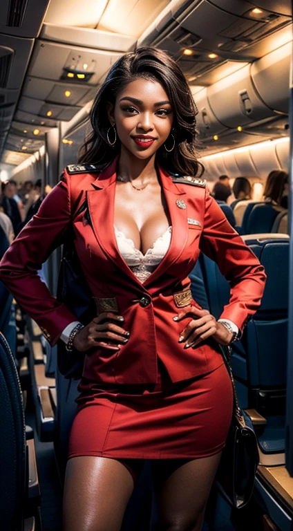 (8K High Resolution), (Highest quality), (RAW Image Quality),(Tabletop:1.2), (Realistic), (Realistic:1.37), ,Large Eyes,Long eyelashes,(Live-action realistic style),The ultimate face,Realistic light and shadow,Distinct facial features,,Dark skin, ),(The ultimate face,Extraordinary beauty),Best Portrait, One girl,Beautiful attention to detail,Highly detailed skin,(Beautiful face with double eyelids), (realism: 1.4),((Full body image)) ,Delicate and beautiful face,,Female about 20 years old,(Beautiful Face 1.4),Hair length is random,((African in uniform)),(Red lipstick,Discomfort around the eyes,Earrings Beautiful),((Taken inside an airplane)),(Are standing,Without skirt),(Flight attendant uniform)),Red lipstick,Discomfort around the eyes,(Flight attendants in uniform),,(cowboy shot standing),Shoot from the front,,Close-range shooting,I can see her cleavage,(((Bring your audience the best smile))),Pose with one hand on your hip