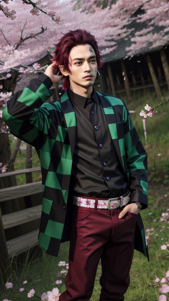 (Tanjiro), (Scar, Scar on forehead, Checkered Clothes, man, Red Hair:1.2), ((OriginalOutfit)), (green and black checkered jacket, black shirt, black baggy pants:1.2), (male), (cherry blossom forest background, forest, grass, cherry blossom flowers:1.5), (realistic:1.2), (masterpiece:1.2), (full-body-shot:1),(Cowboy-shot:1.2), neon lighting, dark romantic lighting, (highly detailed:1.2),(detailed face:1.2), (gradients), colorful, detailed eyes, (natural lighting:1.2), full body, standing, idle