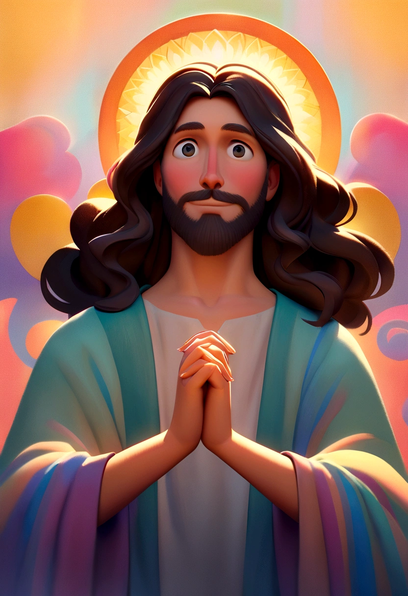clearing, here's a prompt focused on the face of Jesus Christ in Pixar style:
"Draw a close-up picture of Jesus Christ's face in Pixar style. Jesus must have a calm and welcoming expression, with large expressive eyes typical of Pixar characters. He must have wavy hair and a well-groomed beard, both brown. The face must convey calm, kindness and compassion. Use soft colors and subtle details to highlight facial features, maintaining the colorful and friendly style characteristic of Pixar animations. The background should be simple and blurred, with a soft light that highlights the figure of Jesus."