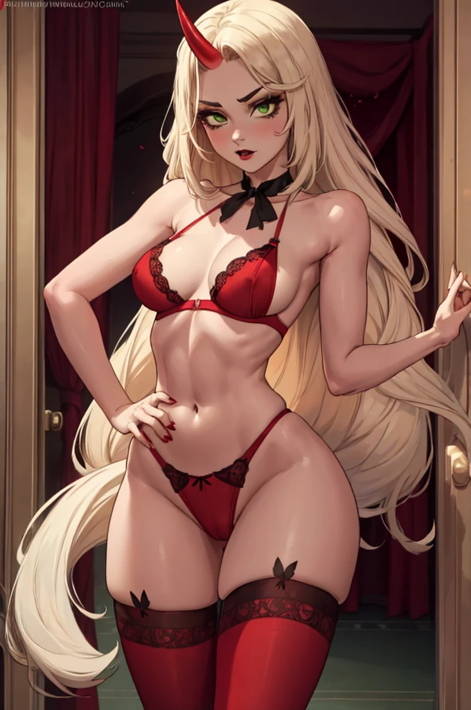 Charlie Morningstar, cute young girl with slender body and Gray-green eyes, small red horns on the head, black lips, thick ass and legs, flat breast, flat tits, black butterfly on the neck, red bra with a white insert, long red silk gloves, long red silk stockings, red panties with a white insert