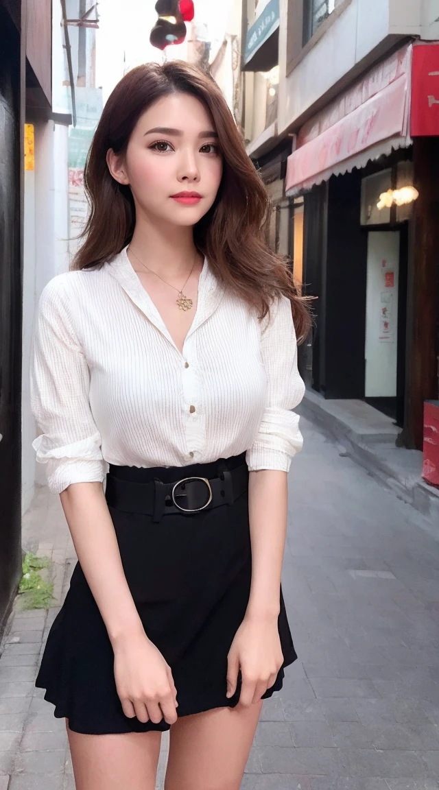(best quality, High resolution, masterpiece :1.3), this, a tall and beautiful woman, Slender abs, Dark brown hair styled in loose waves, 32H cup size breasts, Wearing a pendant, white button shirt, sash, Short black skirt, (Taiwan street background), Detailed rendering of facial and skin textures, delicate eyes, double eyelids, full-body shot, High heel, 要能夠看到full-body shot包含High heel