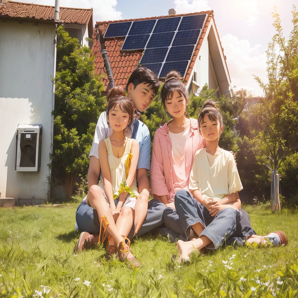 there is a group of people sitting on the grass together, energia Solar, rooftop painéis Solares, Solar, energia Solared, family photo, happy family, painéis Solares, family friendly, family portrait, shutter, leisure, beginner, inspirational, family, powerful detail, subtitles, clean energy, Rapier, renewable energy, Inspiration, accurately portrayed, lindo dia enSolarado, shadowed