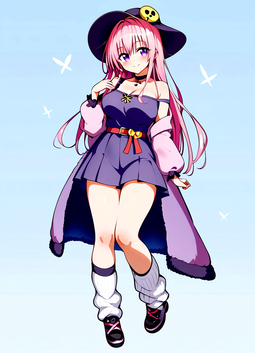 To Love-Ru、Purple off-the-shoulder mini skirt dress、Pink Hair、Big Breasts、White pants、Light purple loose socks