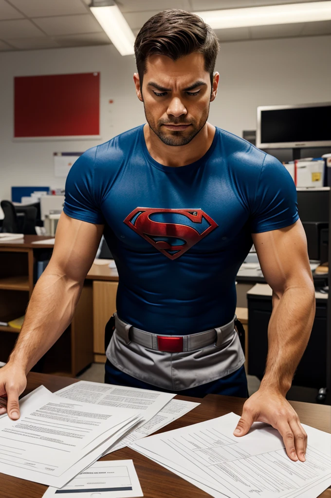 Depict superheroes working a 9-to-5 office job, using their powers for mundane tasks like photocopying, stapling papers, or making coffee.