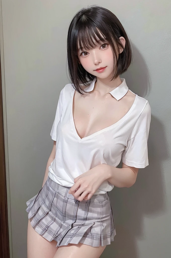 nsfw,One Girl、((Beautiful nipples)),,((Completely naked))、((White polo shirt and checked skirt、Junior High School Uniform))、,((flat chest)),((The background is a junior high school yard.))、high quality、Very delicate and beautiful、((Very short bangs))、((Bangs))、Shiny, silky black hair、最high quality、Very delicate and beautiful、((Medium Hair))、Cute face、Young face、Cute like an idol、Are thin、Slim figure、slender、Short、 System、((Lots of sweat))、Nice thighs、Photographed from the front、The best smile、Outdoor、blue sky、summer、