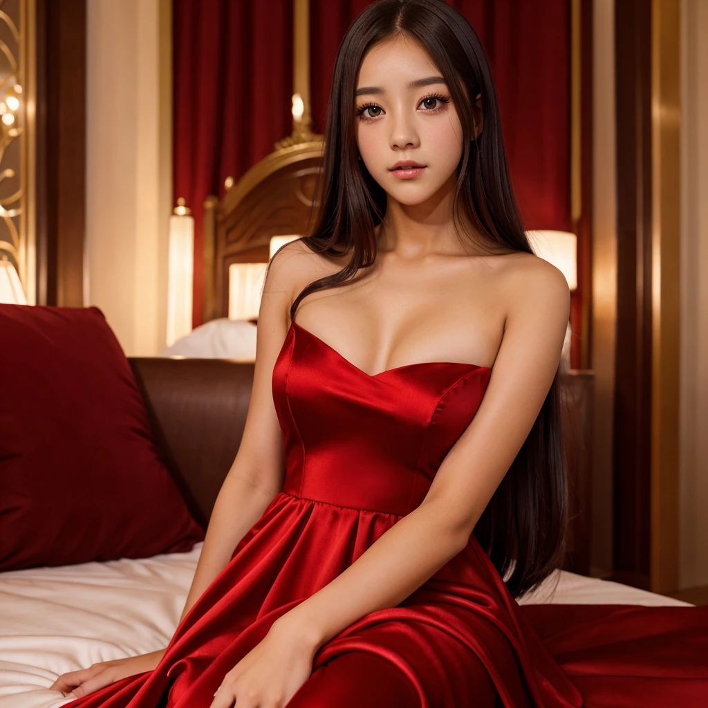 Jisoo girl with moist eyes and a soft hot red silky dress beautiful sex