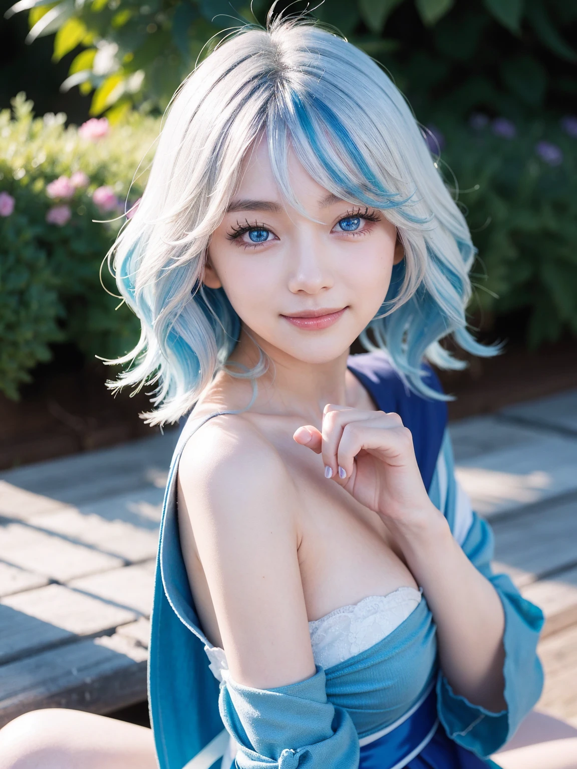 Furina from Genshin Impact, 18 years old girl, (Raw photo, Best Quality), (Realistic, Photorealsitic:1.3), masterpiece, Extremely delicate and beautiful, Soft light, (beautiful white and blue hair, Shoulder-length straight hair swaying in the wind), Beautiful detailed girl, (Detailed fingers), extremely detailed eye and face, beautiful detailed nose, Beautiful detailed eyes, 1 girl, Japanese, Neat and clean beauty, Cute, young, (big breasts), Realistic face, Realistic body, cute smile, full body view, sitting on the bed