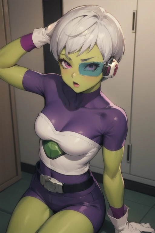 (masterpiece, best quality), 1girl, cheelai, green skin, purple bodysuit, short sleeves, purple shorts, belt, armor, white gloves, tinted eyewear