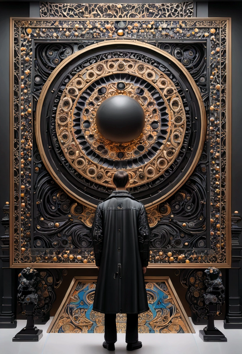 (Black Trench Coat), A figure wearing a black windbreaker is quietly gazing at an art gallery, the lines of the windbreaker contrasting with the surrounding abstract artworks, giving people a feeling of thinking and appreciating artworks. The background is a modern art gallery and abstract artworks, (Photography), panoramic view, award-winning, cinematic still, emotional, vignette, dynamic, vivid, (masterpiece, best quality, Professional, perfect composition, very aesthetic, absurdres, ultra-detailed, intricate details:1.3)