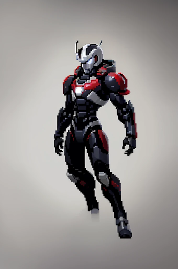 white background, ultra detailed, game protagonist, pixel art, humanoid black and gray slender mecha robot character using a cloak and floating like ironman, from sidescroller game