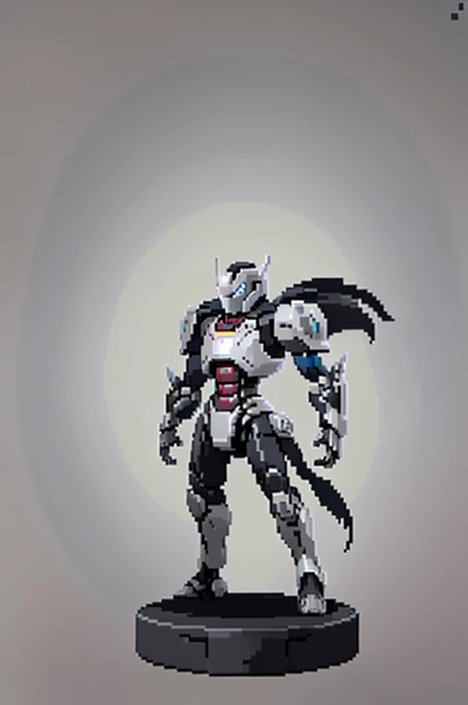 white background, ultra detailed, game protagonist, pixel art, humanoid black and gray slender mecha robot character using a cloak and floating like ironman, from sidescroller game