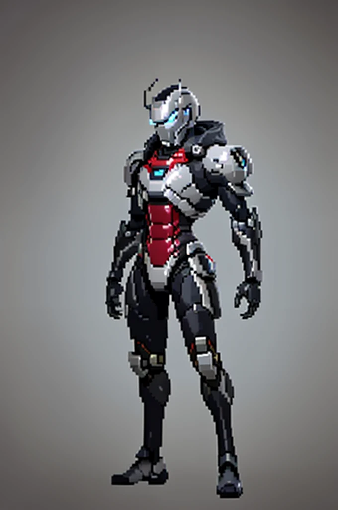 white background, ultra detailed, game protagonist, pixel art, humanoid black and gray slender mecha robot character using a cloak and floating like ironman, from sidescroller game