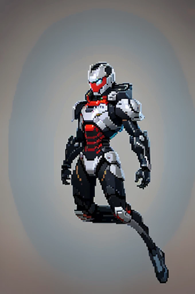 white background, ultra detailed, game protagonist, pixel art, humanoid black and gray slender mecha robot character using a cloak and floating like ironman, from sidescroller game