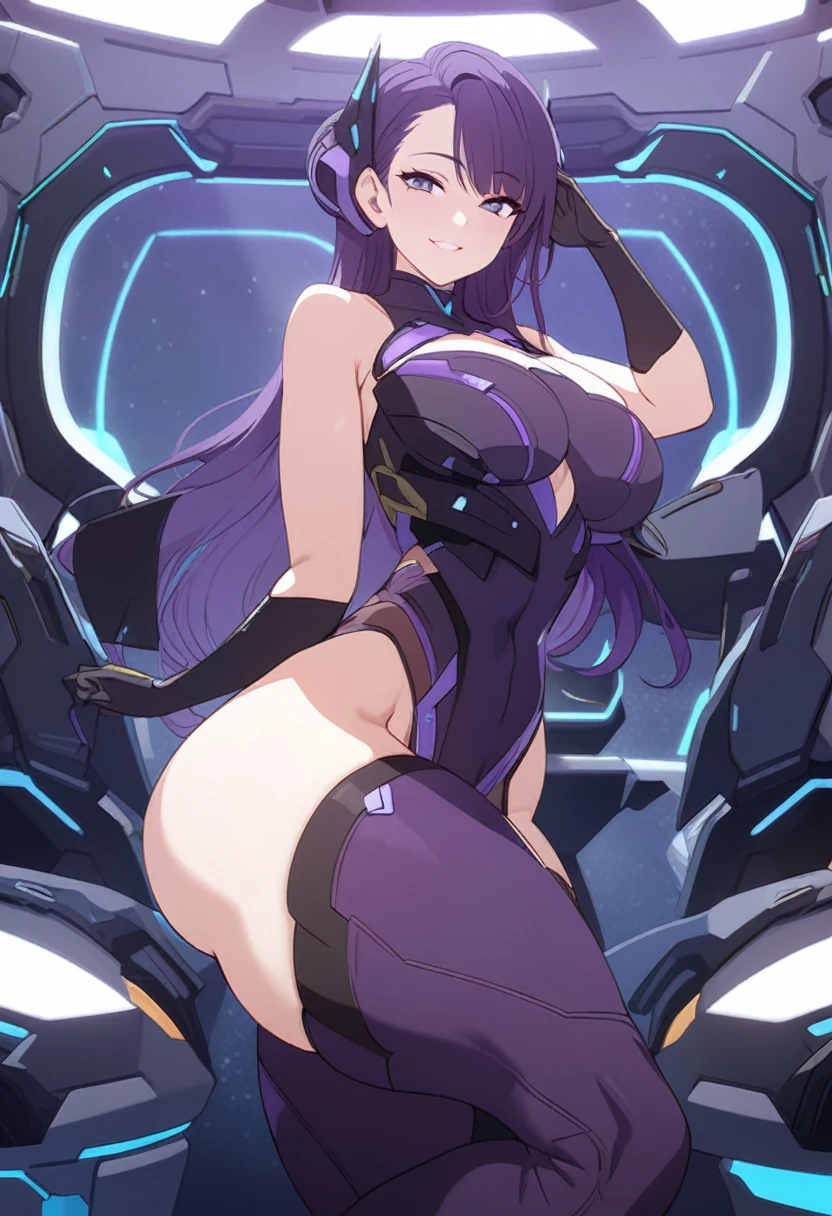 young woman, 21 years old, thick thighs, curvy body shapes, Science fiction, long purple hair, luxury sexy costume, Erotic smile, sexy pose