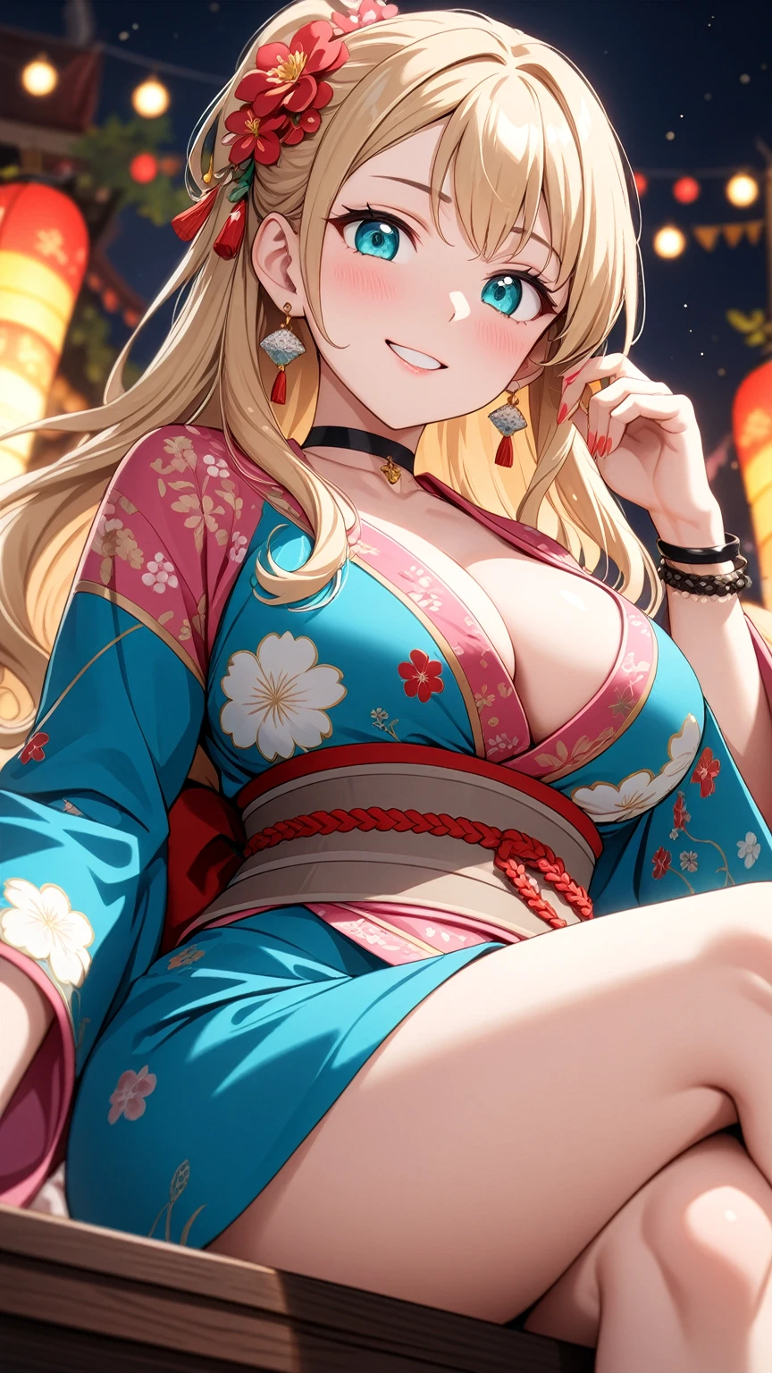 ((One personの女性)), Beautiful Face,(Laughing embarrassedly), (naughty face:1.2), (Wink:1.9), (head tilt:1.3), Laughing with your mouth open, upper teeth, ((Bright red cheeks:1.4)),Glossy pink lips, ((crossed legs:1.2)), ((foot focus)), ((panty shot:1.1)), Pink Thong, looking down at viewer,Touching hair with hands,looking at viewer,Shining Face, rooftop, Festival decorations, firework, ((Anime style background)),masterpiece, Highest quality, so beautiful,up to date, Complex details, (Pink long nails),(ring),(bracelet),(choker),AI-generated, Complex,High resolution, Highest quality, super high quality,3D Images、3D Images,One person,Long blonde hair,ponytail, wavy hair ,Anime woman posing for a photo, ((Fine grain、Turquoise Eyes、Shining Eyes:1.3)), (Squint your eyes:1.1),a hyperRealistic , hyperRealistic , Realistic,Anime woman with long white hair, Smooth anime CG art, A woman in a colorful kimono with gold embroidery, (Pink long sleeve kimono),Red floral pattern,Long flower hair ornament,Earrings,Mature Body,(Big Breasts:1.1),Tall,Abdominal muscles,Tight waist,(Zoom up to face:1.1), ((from the side and slightly from below)),