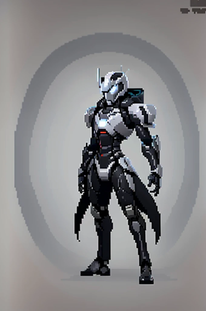 white background, ultra detailed, game protagonist, pixel art, humanoid black and gray slender mecha robot character using a cloak and floating like ironman, from sidescroller game
