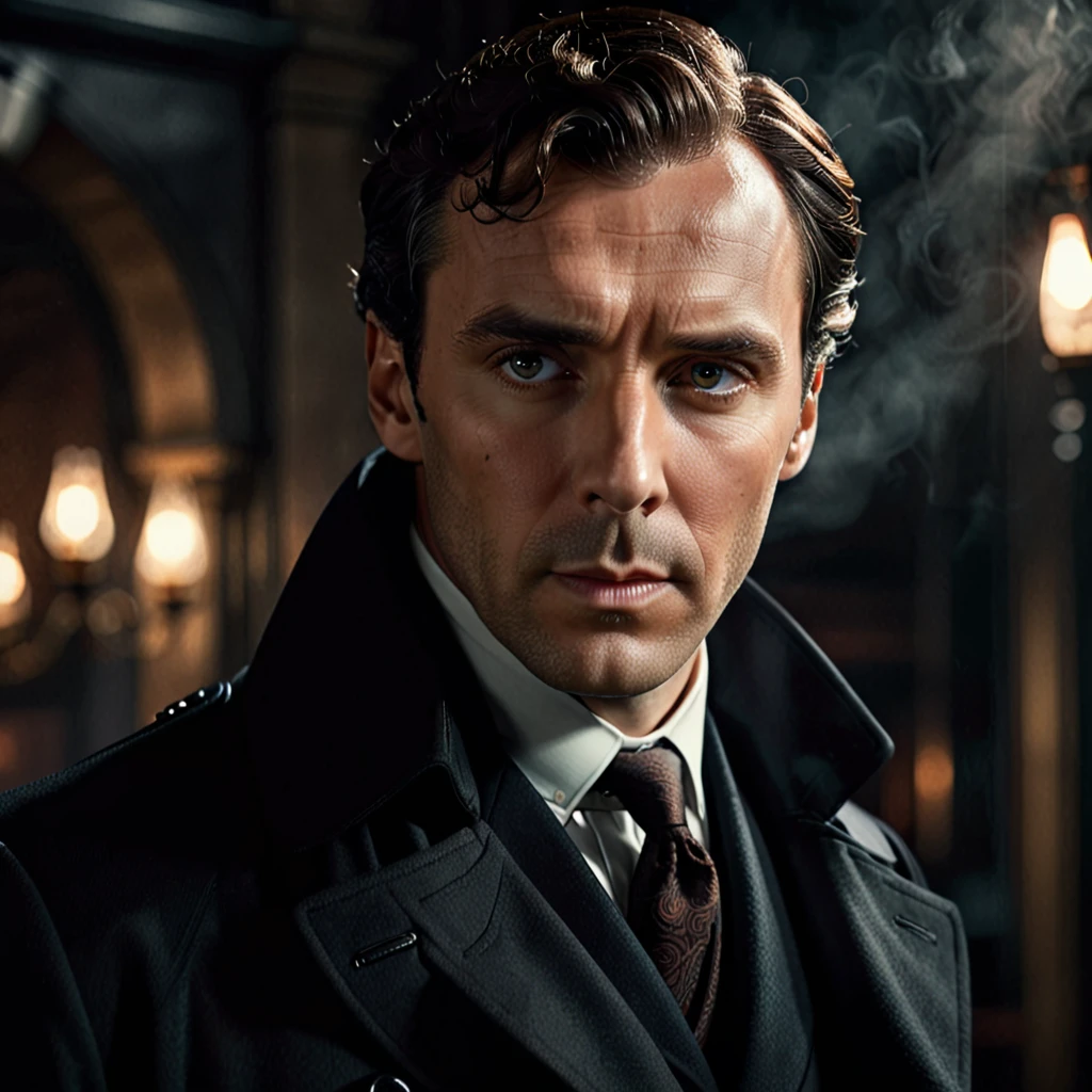 a sherlock holmes character in a black trench coat,detailed portrait,intricate facial features,mesmerizing eyes,sculpted jawline,classy gentleman,serious expression,mysterious atmosphere,moody lighting,dark and gritty,dramatic shadows,cinematic composition,oil painting style,muted color palette,chiaroscuro lighting,hyper realistic,8k,extremely detailed,photorealistic,award winning artwork
