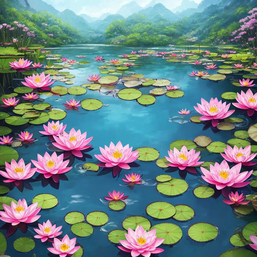 flowers floating in a pool of water with candles and water droplets, 🌺 cgsociety, beautiful depiction, beautiful illustration, by Yang J, waterlily mecha nymphaea, beautiful digital illustration, ross tran. scenic background, water lilies, beautiful digital painting, by Ni Tian, lotus flowers, with lotus flowers, beautiful artist rendering, beautiful!!! digital art