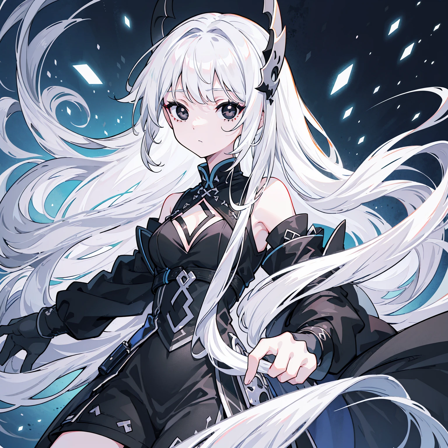 (Top image quality)、(Ultra Detailed)、(Facing forward)、top quality、masterpiece、(((1 girl)))、Silver Hair、white hair、((Long hair))、(black eyes:1.6)