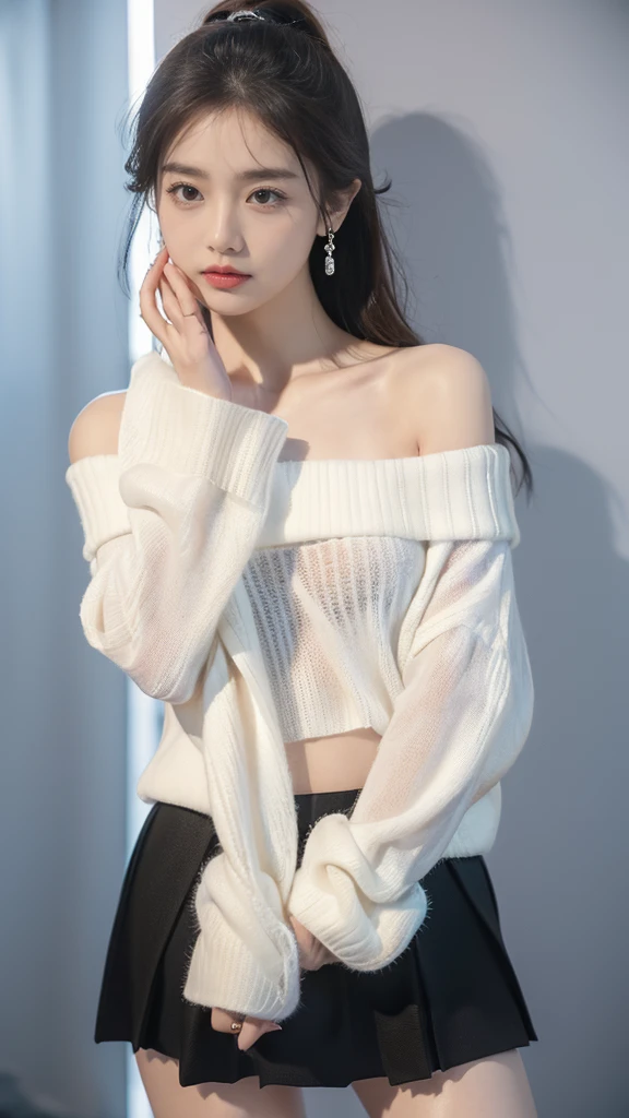 (8K、RAW Photos、Highest quality、masterpiece:1.2)、(Realistic、Realistic)、1 Girl、((off shoulder sheer skull sweater 、hand warmers、y2k grumpy accessories, skirt、upper image、space、View from the front、Looking into the camera、unusual pose))、