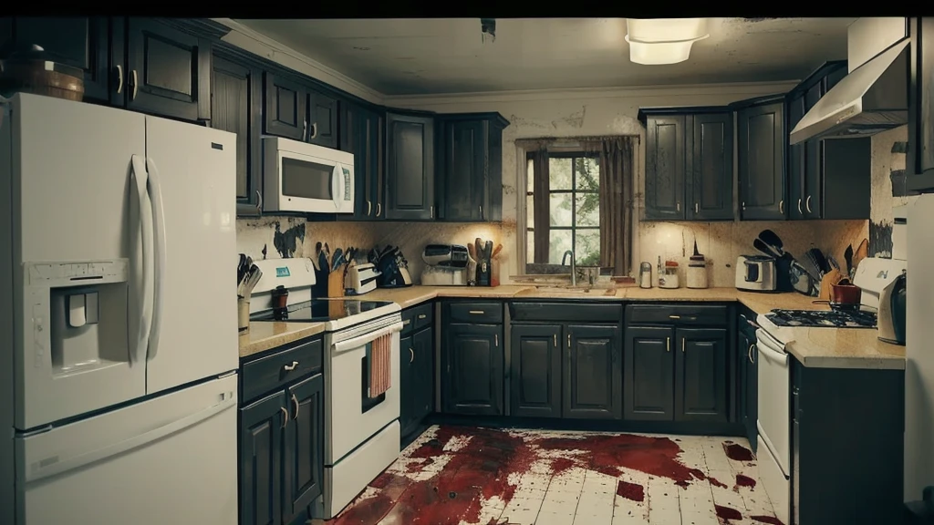 kitchen, dirty, Messy, Crime scene,
Cinematic, Very detailed, 8K, Realistic,