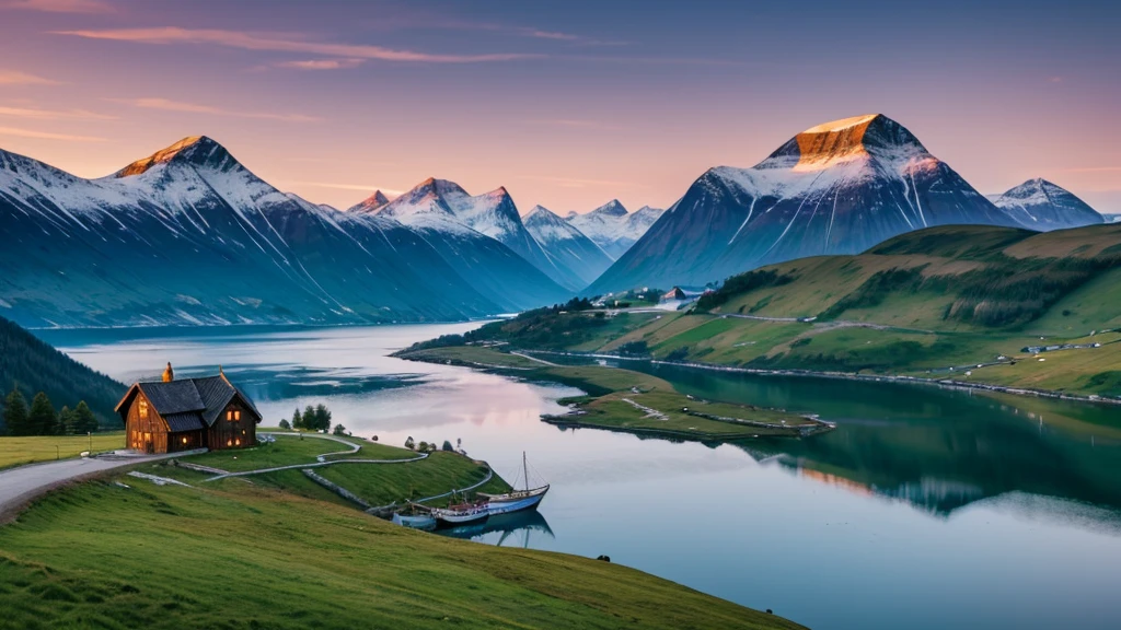 A serene Viking landscape with rolling green hills, a calm fjord, and a majestic mountain in the background. The sky is painted with the soft colors of dawn, reflecting on the still waters of the fjord. A lone Viking longship is anchored near the shore.