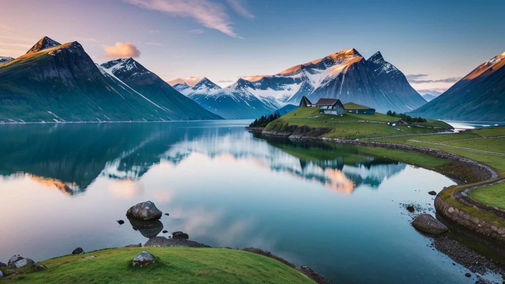 A serene Viking landscape with rolling green hills, a calm fjord, and a majestic mountain in the background. The sky is painted with the soft colors of dawn, reflecting on the still waters of the fjord. A lone Viking longship is anchored near the shore.