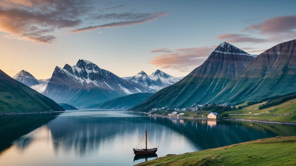A serene Viking landscape with rolling green hills, a calm fjord, and a majestic mountain in the background. The sky is painted with the soft colors of dawn, reflecting on the still waters of the fjord. A lone Viking longship is anchored near the shore.