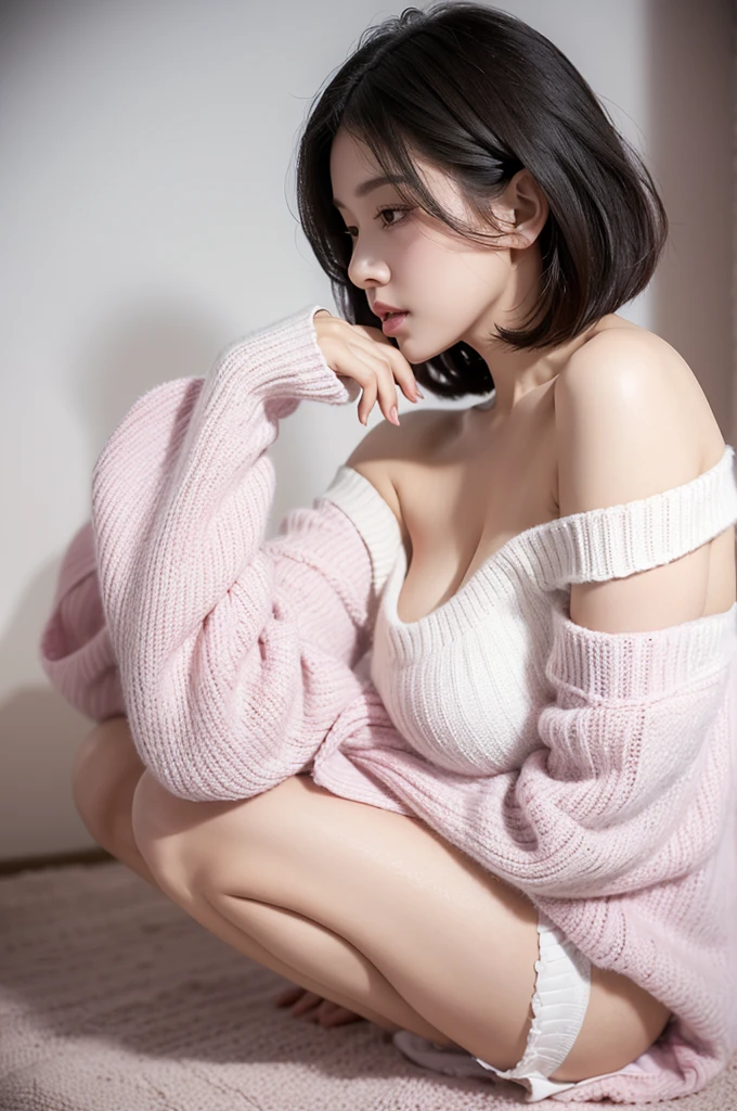 Cool beauty, Looks sweet, bob haistyle, wearing white oversize sweater, off-shoulder, show cleavage, sjow shoulders, pink shorts, black bunny headbend. show big thigh, plump body, huge breast, full body photo, (crawl pose), side view