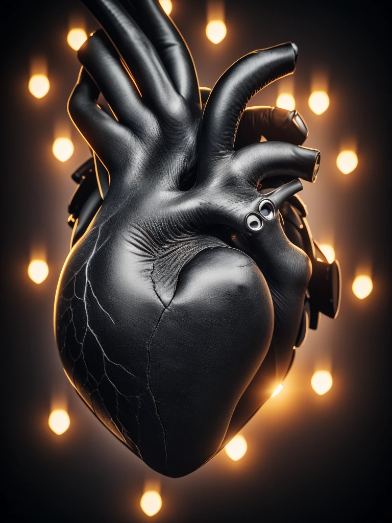 Human heart. Black and cloudy background. Not human. photorealistic Masterpiece, best quality, 8K, high resolution, ultra detailed, beautiful view, ultra detailed, fine detailed, highly detailed, intricate, highly detailed