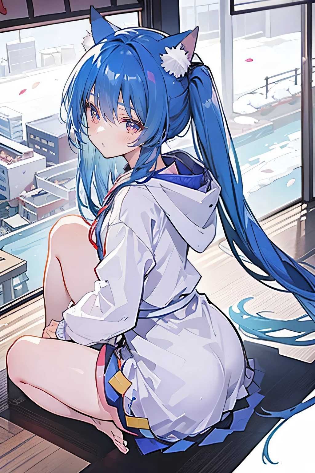 （masterpiece：1.2），Super detailed，lifelike，Expressive eyes，fair skin，perfect face shape，1 girl，
Japanese comics,Gorgeous blue hair,flowing blue hair,flowing clothes,Cat ears,Petals fall,beautiful lola,Baby Angel,
Cross your legs，Gentle and peaceful background，The pavilion is cool and comfortable,smile, wearing hoodie, background of tokyo,back views,snowing, winter.