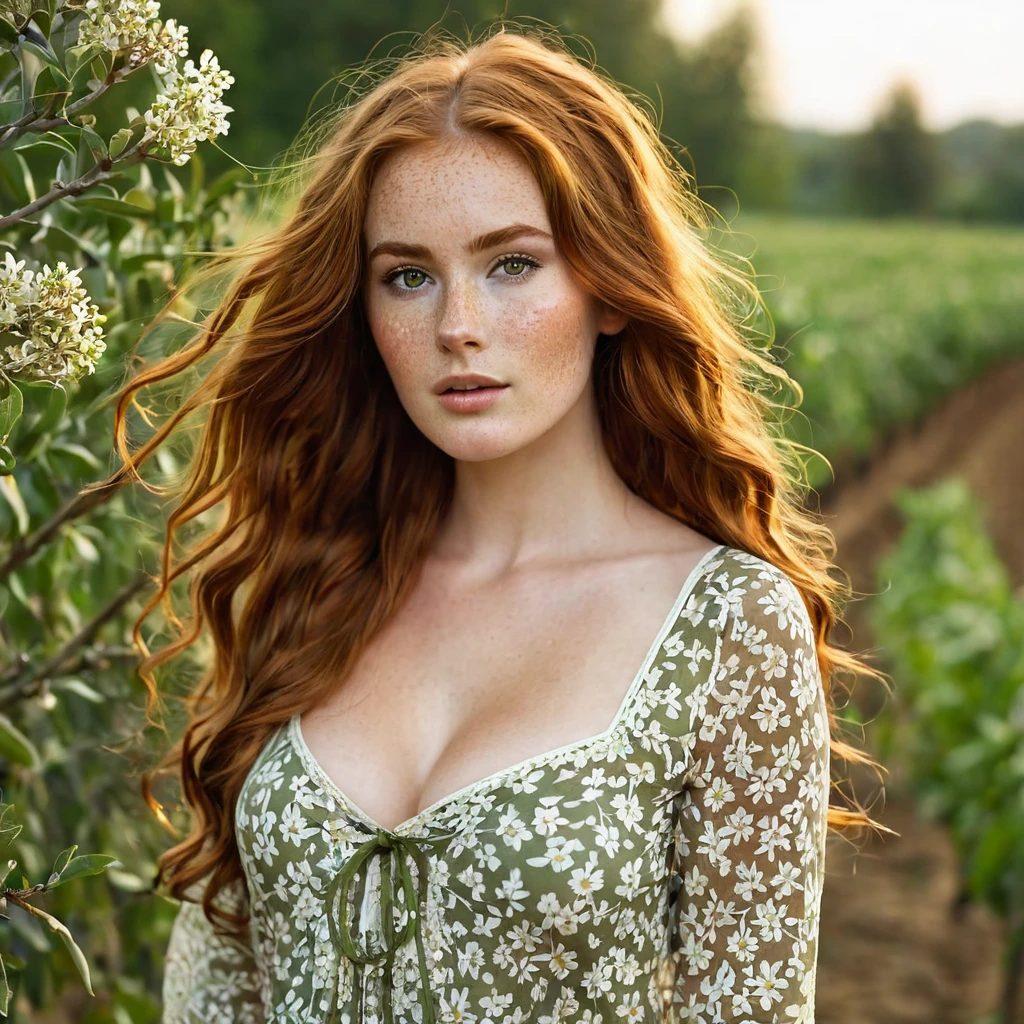 Luma is a elegant person, she is beautiful And have a strong posture, she has awesome breasts that have a voluminous proportion, a pear feminine silhouette, Auburn hair, long Auburn hair, She has expressive eyes, ( Only eyes olive green) Her skin is fair and she has some light freckles on her cheek bones, busty, Farm, Brown rustic clothes, sheer boho clothes, farm boho fashion sheer clothes, romantic vibes, fire lights, fire sparkles, flowers clothes the hair to be half straight and half with curled ends cartoon