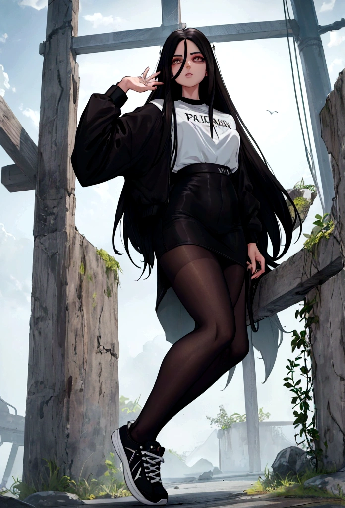 Age 22, white skin girl, almost speaks, Bblack hair, extremely long hair, Cramped, black pantyhose, black sneakers, Bblack hair, hair between the eyes, White hair, cloused mouth, range, cabelo bagunçado saia formal Bblack hair grande extremely long hair olhos cinzas olhos cinzas olhos cinzas